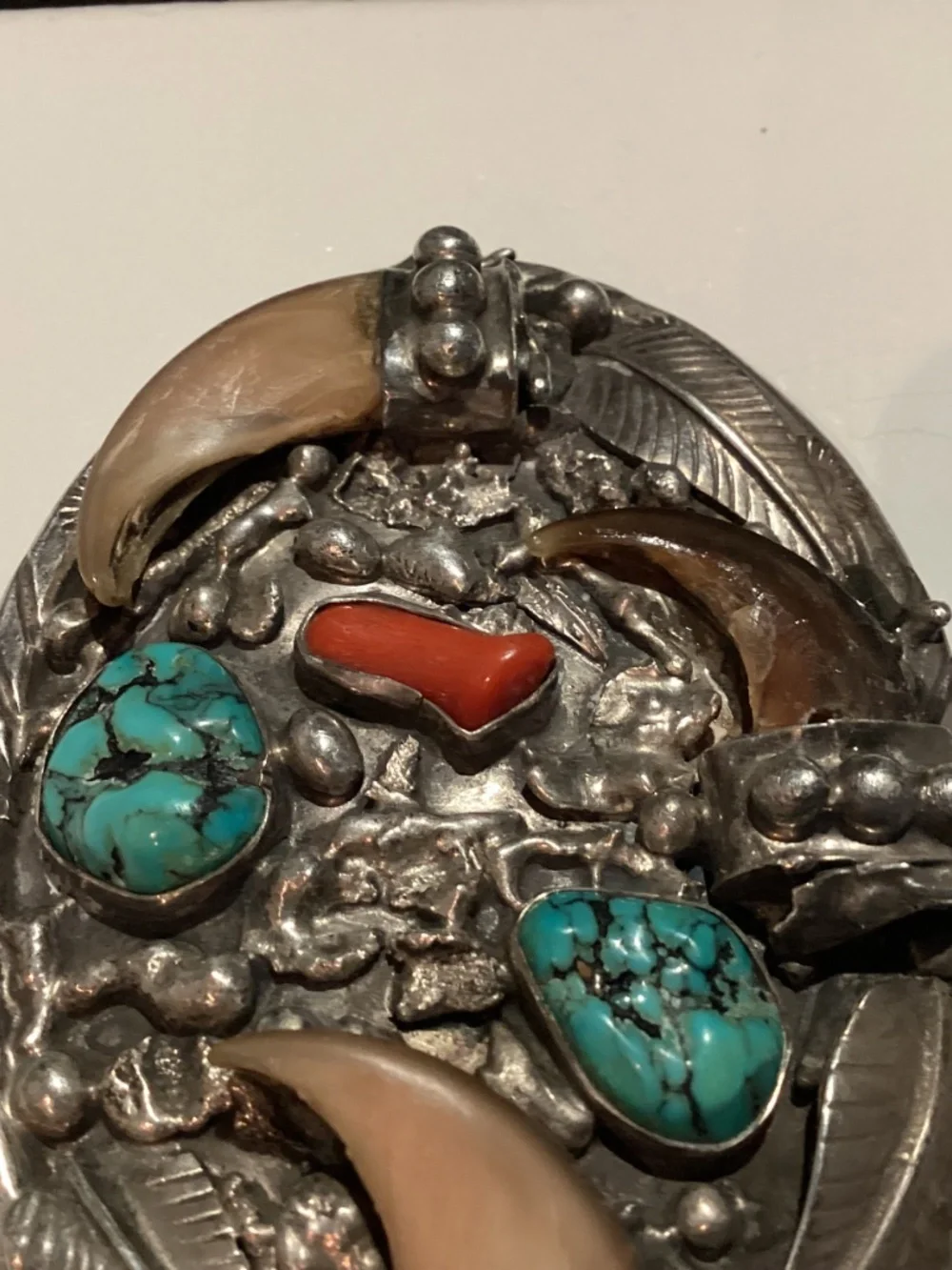 BEAR Claw BELT BUCKLE. OLD PAWN ? CORAL TURQUOISE. SIGNED “SC”
